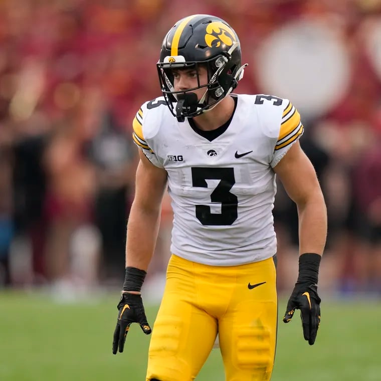 Iowa defensive back Cooper DeJean (3) gets set for a play during the second half of an NCAA college football game against Iowa State, Saturday, Sept. 9, 2023, in Ames, Iowa. (AP Photo/Charlie Neibergall, File)