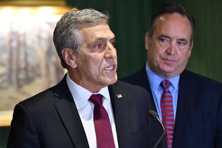 Pennsylvania Republican candidate for governor Lou Barletta, left, with state Senate leader Jake Corman, right, on Thursday in Harrisburg, where Corman endorsed Barletta and urged his supporters to back the former congressman. (Corman remains on the ballot for governor himself.)