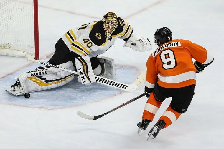 The Flyers' Ivan Provorov can't get the puck past Bruins goalie Tuukka Rask during the third period at the Wells Fargo Center on March 10. Boston won, 2-0, and ended the Flyers' nine-game winning streak. It was the last game the Flyers played before the season was suspended March 12 because of the coronavirus.