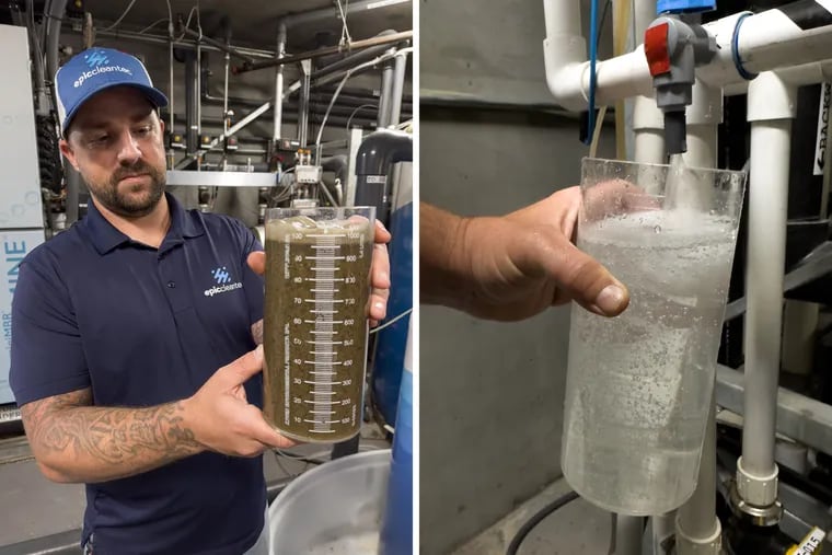 Epic Cleantec operations director Ryan Pulley holds a beaker of treated wastewater known as gray water from a San Francisco apartment tower (left). It’s cleaned to drinking water standards (right) and reused for the building’s toilets, laundry, and irrigation.