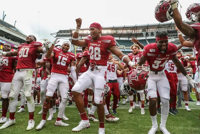 Temple football team celebrates and dances after defeating No. 21 Maryland, 20-17, at Lincoln Financial Field in Philadelphia on Saturday, Sept. 14, 2019. The Owls are 2-0 to start the season.