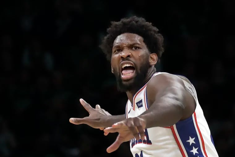 Philadelphia 76ers center Joel Embiid celebrates a made basket in the second half of an NBA basketball game against the Boston Celtics, Thursday, Dec. 12, 2019, in Boston.