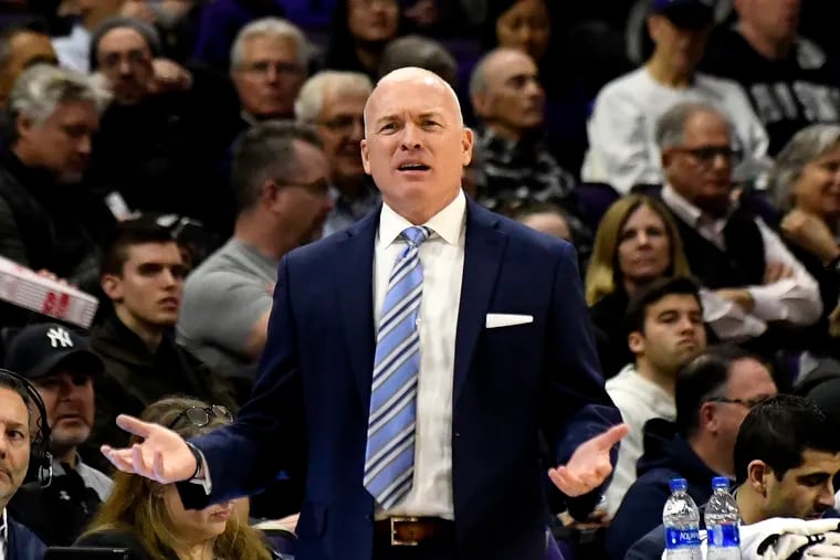 Penn State head coach Pat Chambers gestures to his team during the first half of an NCAA college basketball game against Northwestern Monday, Feb. 4, 2019, in Evanston, Ill.
