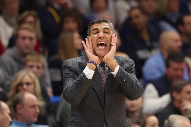 Coach Jay Wright of Villanova  yells instructions to his team during their game against St. Joseph’s 1at Finneran Pavilion on Dec. 8, 2018.    CHARLES FOX / Staff Photographer