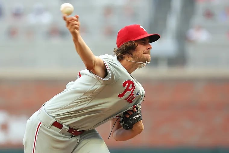 Aaron Nola of the Philadelphia Phillies pitches in the first inning against the Atlanta Braves at Truist Park on May 25, 2023 in Atlanta, Georgia. (Photo by Kevin C. Cox/Getty Images)
