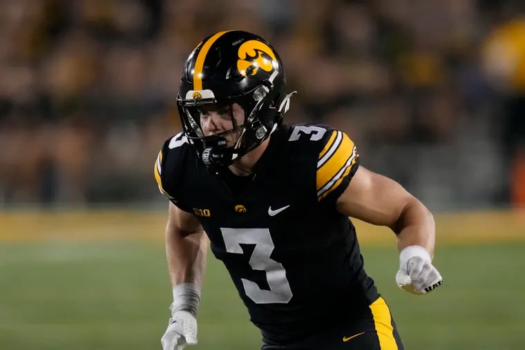 Iowa defensive back Cooper DeJean (3) runs on the field during the second half of an NCAA college football game against Michigan State, Saturday, Sept. 30, 2023, in Iowa City, Iowa. Iowa won 26-16. (AP Photo/Charlie Neibergall)