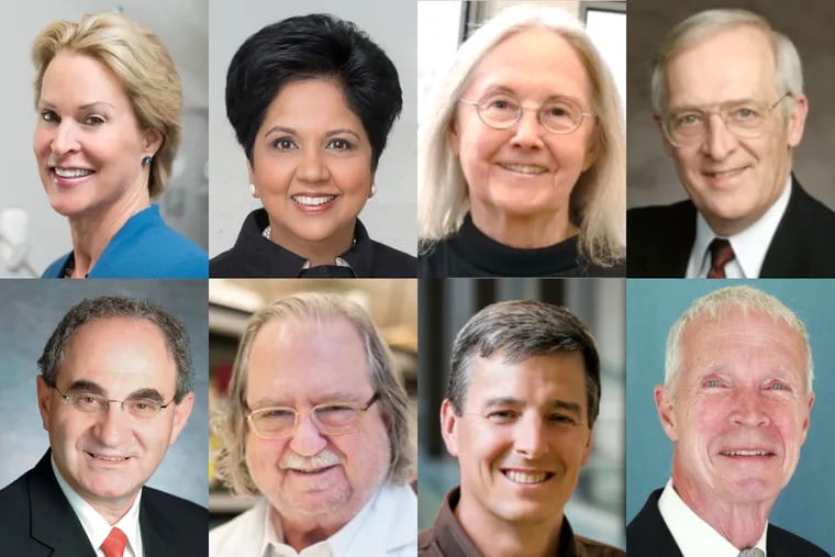 The 2019 winners of Franklin Institute awards are (clockwise from top left) Frances H. Arnold, Bower Award in Science; Indra K. Nooyi, Bower Award in business leadership; Marcia K. Johnson, computer and cognitive science; Gene E. Likens, earth and environmental science; Eli Yablonovitch, electrical engineering; James P. Allison, life science; John A. Rogers, materials engineering; John J. Hopfield, physics
