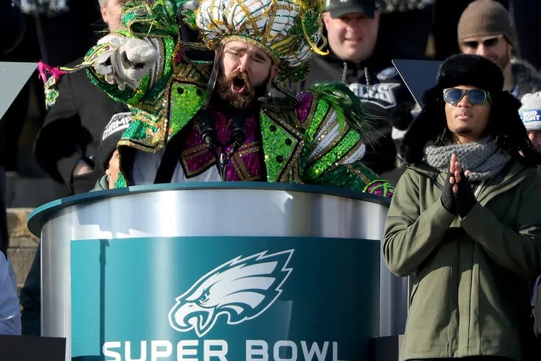 Eagles’ Jason Kelce yells during his speech at the Eagles Super Bowl Champions celebration at the Art Museum in Philadelphia  on February 8, 2018.