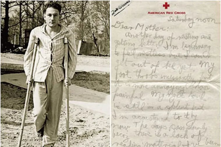 Pvt. Robert C. Paul, left, on crutches in England after being wounded in combat.  Right: A letter home after he was wounded.
