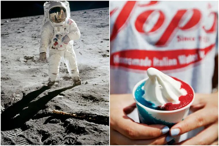 At left, Buzz Aldrin, on the Moon. At right, wooder ice, which has also been detected on the Moon.