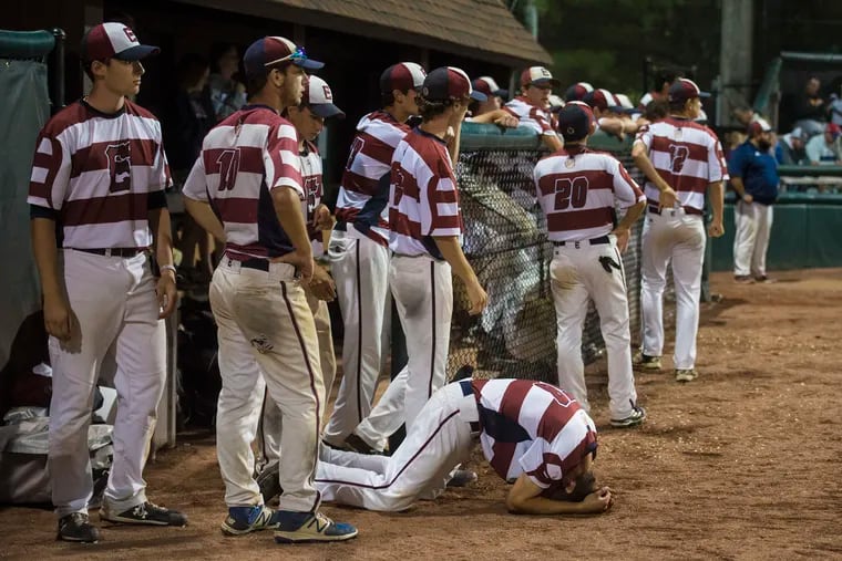 Eastern Highâ€™s Matt Karpousis (on knees) and his teammates are dejected as they lose the NJ Group 4 state championship game to Ridgewood Hign at Veteranâ€™s Park in Hamilton Township June 8, 2019.  ( CLEM MURRAY / For the Inquirer )