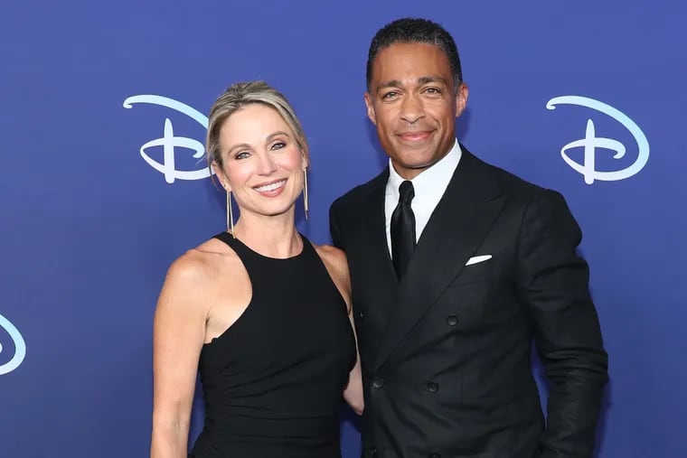 Amy Robach, left, and T.J. Holmes attend the 2022 ABC Disney Upfront at Basketball City in May in New York.