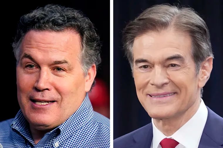 FILE - Pennsylvania Republican Senate candidates David McCormick, left, and Mehmet Oz during campaign appearances in May 2022 in Pennsylvania.