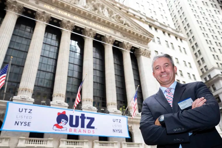 Utz Brands Inc. CEO Dylan Lissette stood for photos outside the NYSE when his company was listed in August. The photo was provided by the New York Stock Exchange.