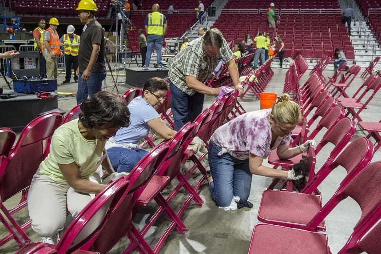 Jehovah’s Witnesses from Warminster (from left) Wanda Morehead, Elsa Barreto and Mike and Heidi Howard help clean the Liacouras Center June 22, 2017.