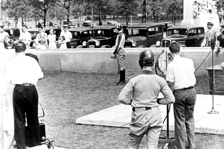 Television inventor Philo Farnsworth filmed football players outside the Franklin Institute in August 1934, broadcasting the action to an audience inside the museum.
