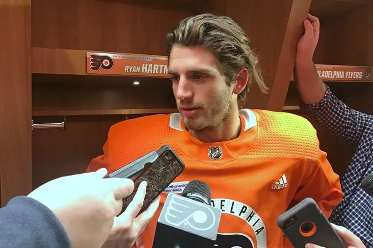 Newly acquired right winger Ryan Hartman after his first practice with the Flyers on Tuesday.