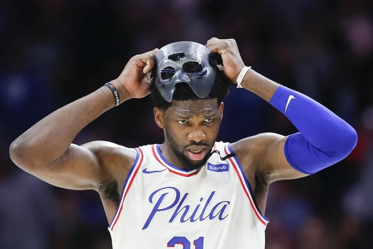 Joel Embiid doesn’t wear the mask during shootaround. He hopes to lose it for good in a couple weeks.