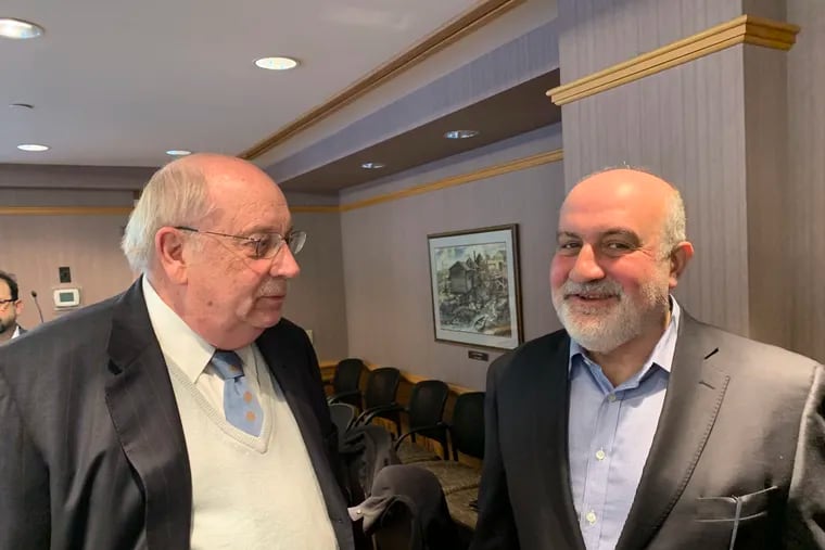 Trader turned financial engineering professor Nassim Nicholas Taleb (right), author of Black Swan and an acerbic scholar of risk, with fellow investment trading veteran Jim Bloom of Philadelphia, at the March 7, 2018 meeting of the $54 billion Public School Employees' Retirement System's investment committee in Harrisburg. Bloom served on a state commission that recommended streamlining pension investments; Taleb warned the investing amateurs who sit on the PSERS board that principal and gains invested in risky strategies devised by outsiders can blow away quickly, making it prohibitively expensive to fund long-term commitments