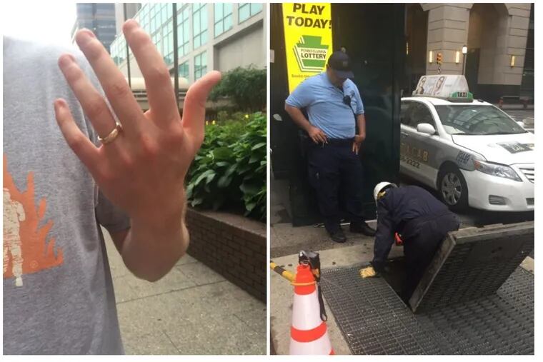 Left: Steve Brown's wedding ring. Right: PECO technician Brian Naughton climbs into the sewer grate to retrieve the lost ring. 