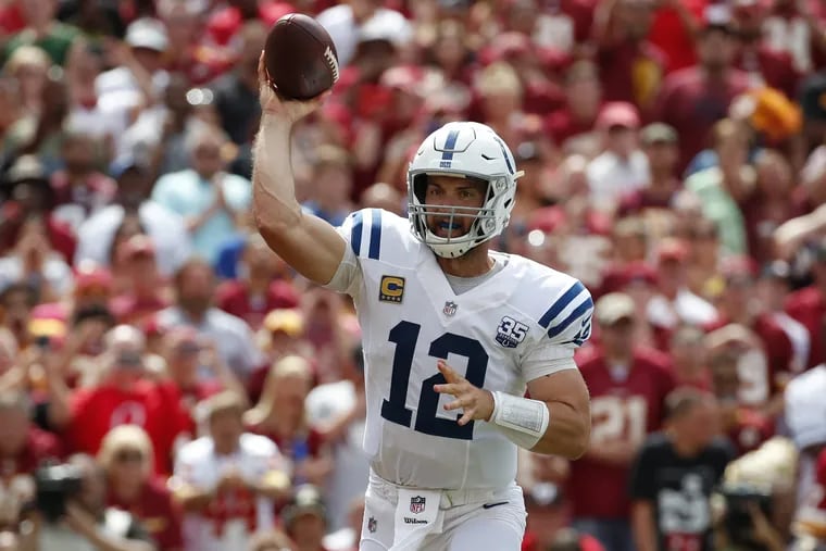 Indianapolis Colts quarterback Andrew Luck throws a pass in the first half of an NFL football game against the Washington Redskins, Sunday, Sept. 16, 2018, in Landover, Md. (AP Photo/Alex Brandon)