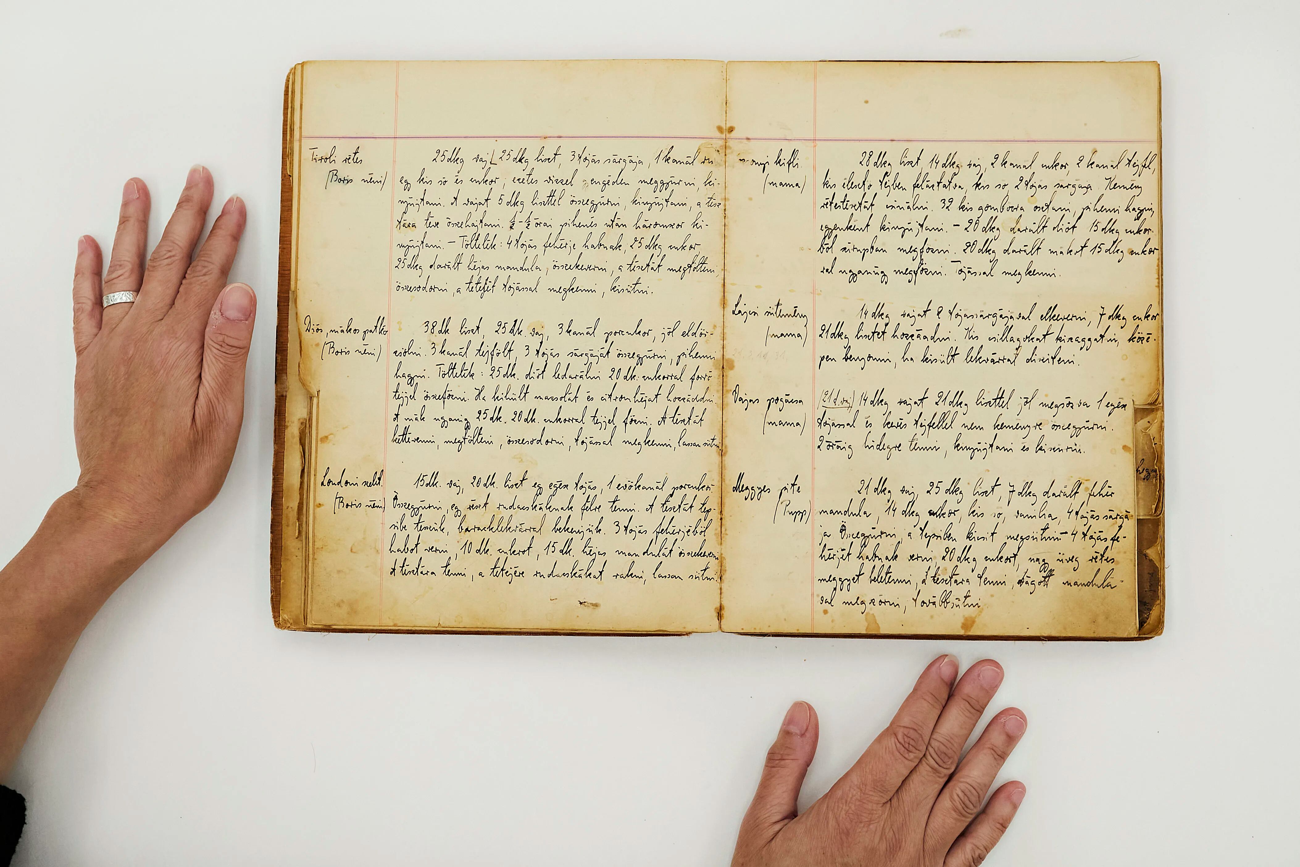 The original Fenves family cookbook, shown by Anne Marigza, a conservator for the U.S. Holocaust Memorial Museum. 