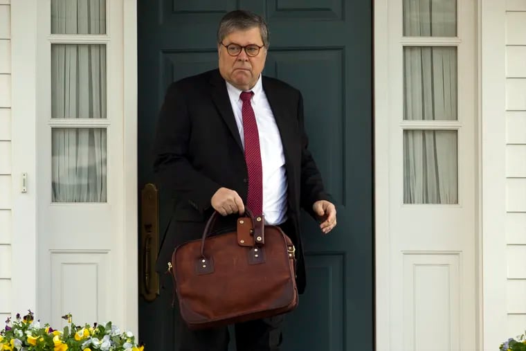 FILE - In this March 22, 2019, file photo, Attorney General William Barr leaves his home in McLean, Va. Barr told Congress on March 29, to expect version of special counsel's Russia report by mid-April. (AP Photo/Jose Luis Magana)
