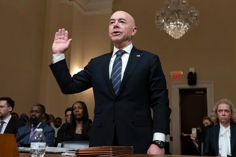 Homeland Security Secretary Alejandro Mayorkas is sworn-in before the House Committee on Homeland Security on Tuesday, April 16, 2024.