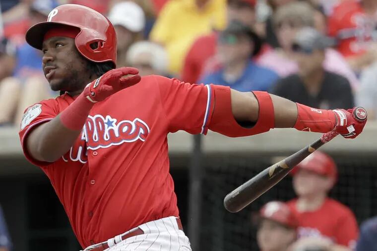 Phillies&#039; Maikel Franco bats against the Boston Red Sox during a spring training game on Sunday, March 12, 2017 at the Spectrum Field in Clearwater, FL.  YONG KIM / Staff Photographer.