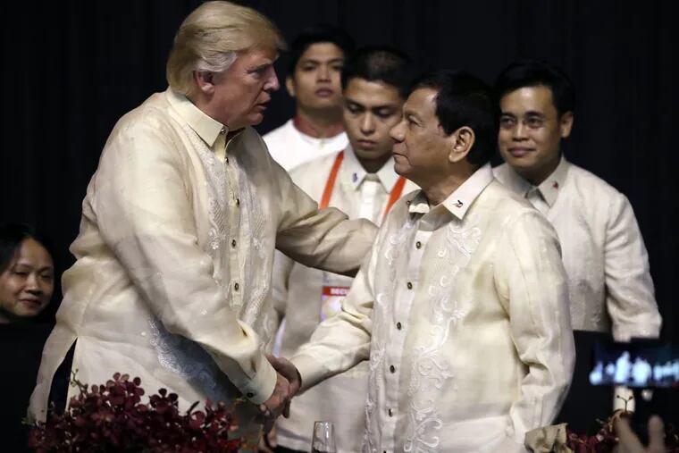 Donald Trump meets President Rodrigo Duterte at an ASEAN Summit dinner on Sunday.