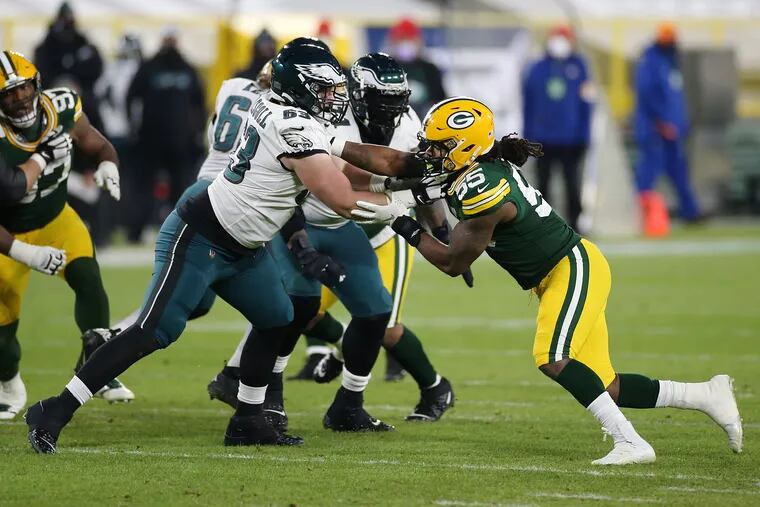 Jack Driscoll (left) wasn't great against Za'Darius Smith (right) and the Packers Sunday, but he didn't get dominated.