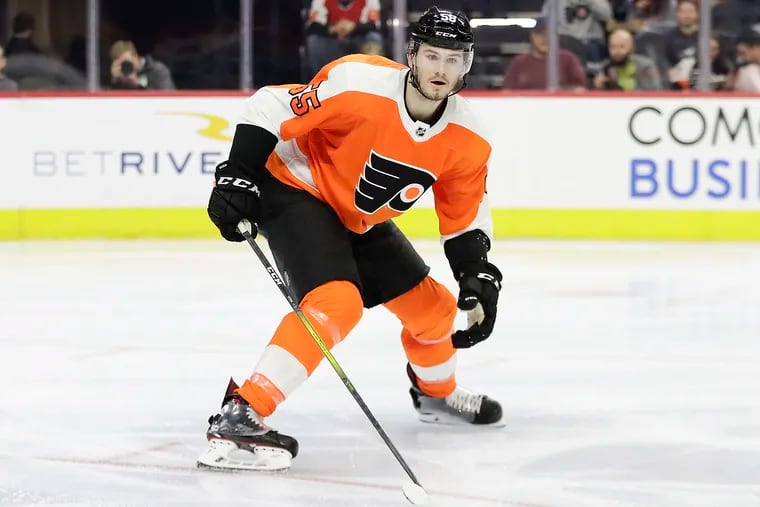 Flyers defenseman Samuel Morin, shown here in 2019, is hopeful of restarting his promising career after two injuries.