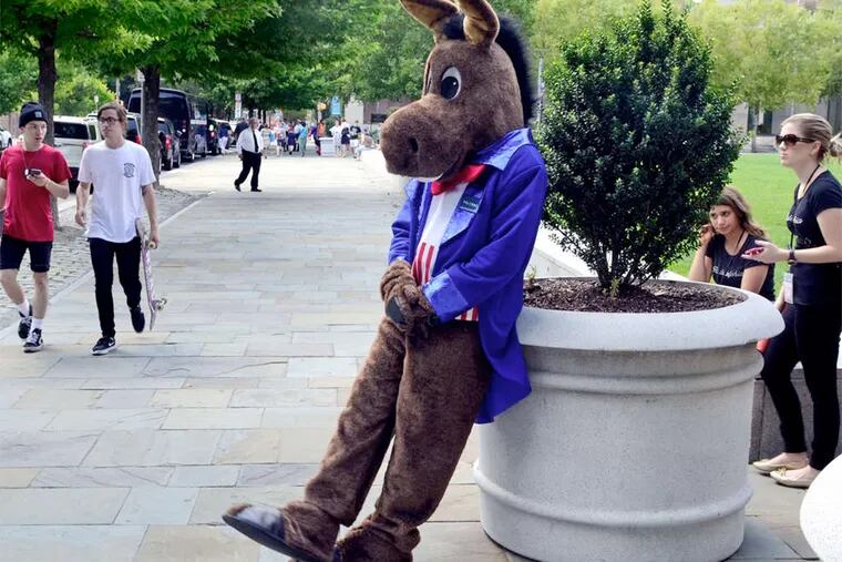 A party mascot after greeting Democratic officials at the National Constitution Center.