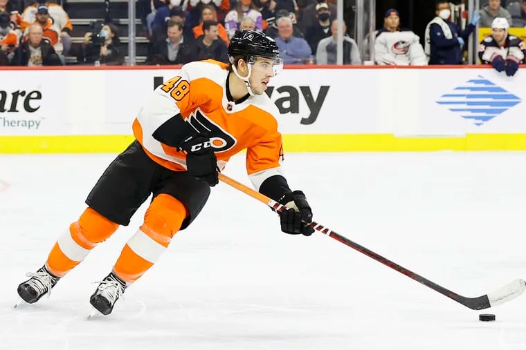 Flyers center Morgan Frost during a game against the Columbus Blue Jackets on Jan. 20.