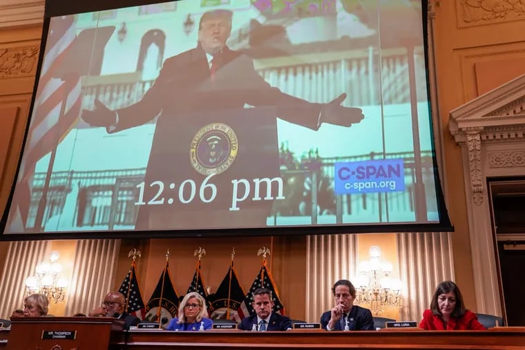 Video of former President Donald Trump is shown as the House committee investigating the Jan. 6, 2021, U.S. Capitol attack holds its first public hearing on Thursday in Washington.