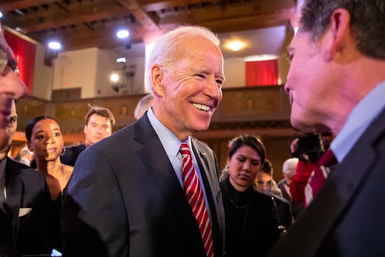 Democratic presidential candidate Joe Biden speaks with Chris Cullen of Scranton after a rally at the Scranton Cultural Center on Wednesday.