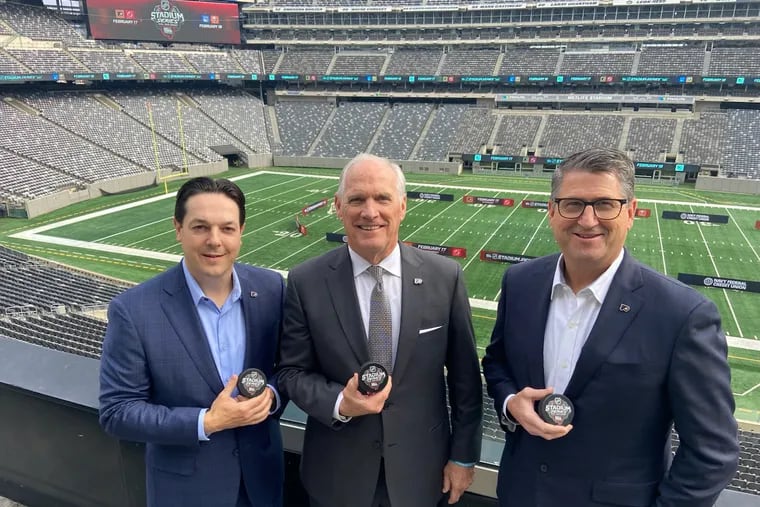 From left, Flyers general manager Danny Brière, governor Dan Hilferty, and president of hockey operations Keith Jones at MetLife Stadium on Wednesday.