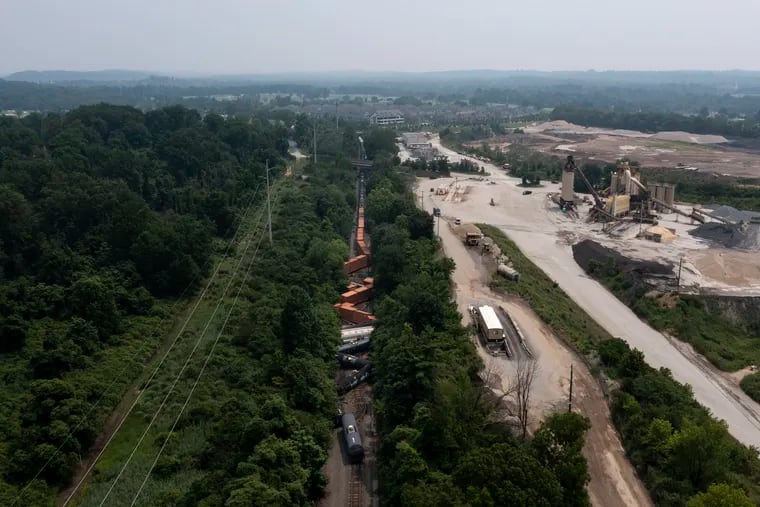 The scene of a train derailment in Whitemarsh Township, Pa., on Monday, July 17, 2023.