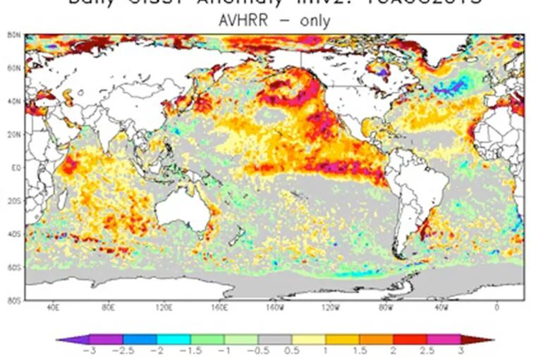 An image showing ocean temperatures in the Pacific, with El Nino in the center.