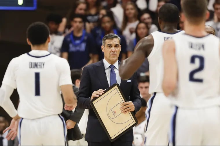 Villanova Head Coach Jay Wright looks at his players during a timeout against Morgan State at the Finneran Pavilion on Tuesday, November 6, 2018. YONG KIM / Staff Photographer