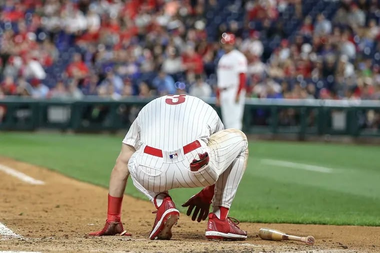 Phillies' Bryce Harper fouled a ball off his right foot against the Cardinals during the 5th inning at Citizens Bank Park in Philadelphia, Wednesday, May 29, 2019 Harper limped back to the plate to fly out to center field to end the 5th inning. Harper was replaced in right field by Nick Williams in the 6th inning.