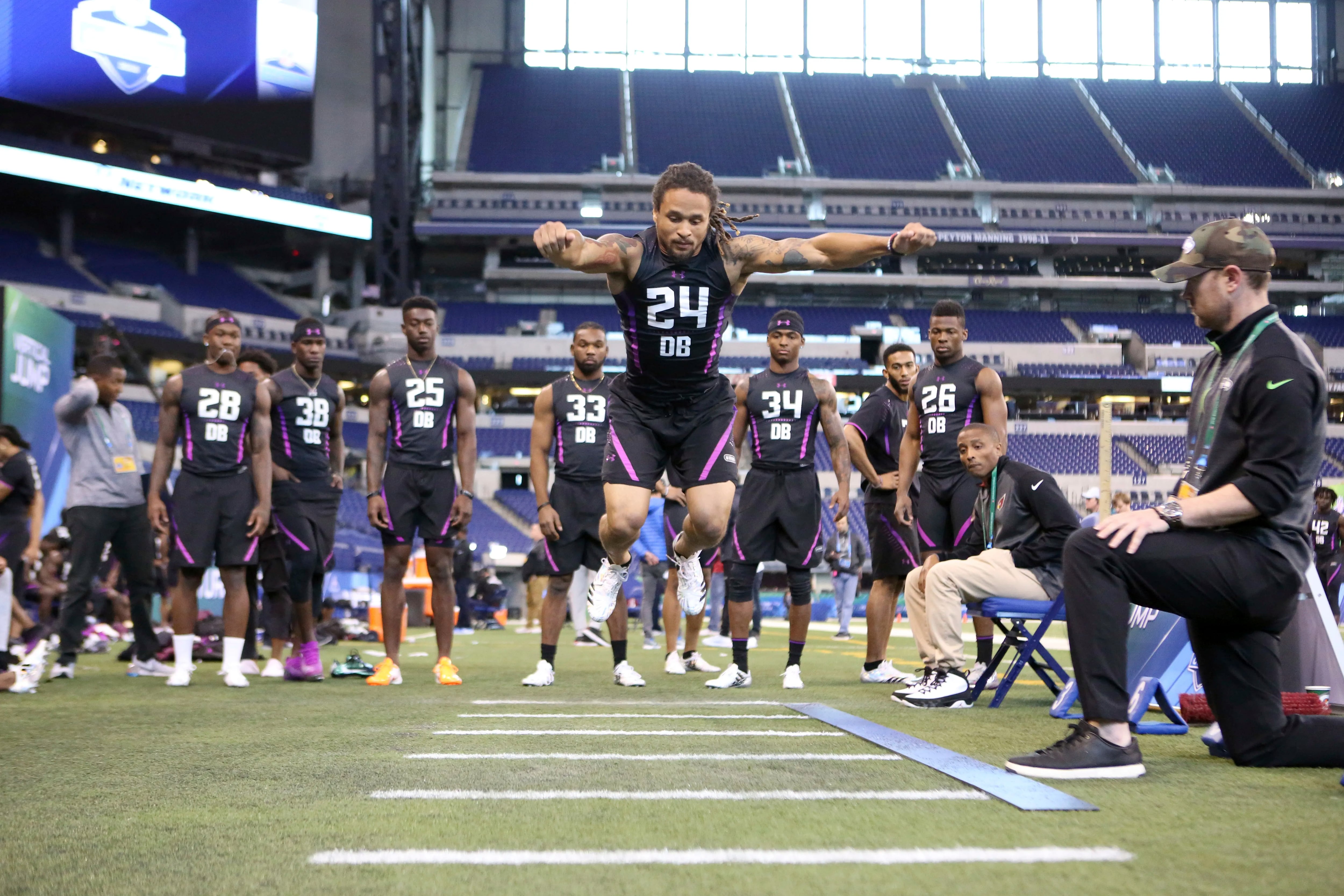Pittsburgh defensive back Avonte Maddox participates in the Broad Jump at the 2018 NFL Scouting Combine on Monday, March 5, 2018, in Indianapolis. (AP Photo/Gregory Payan)