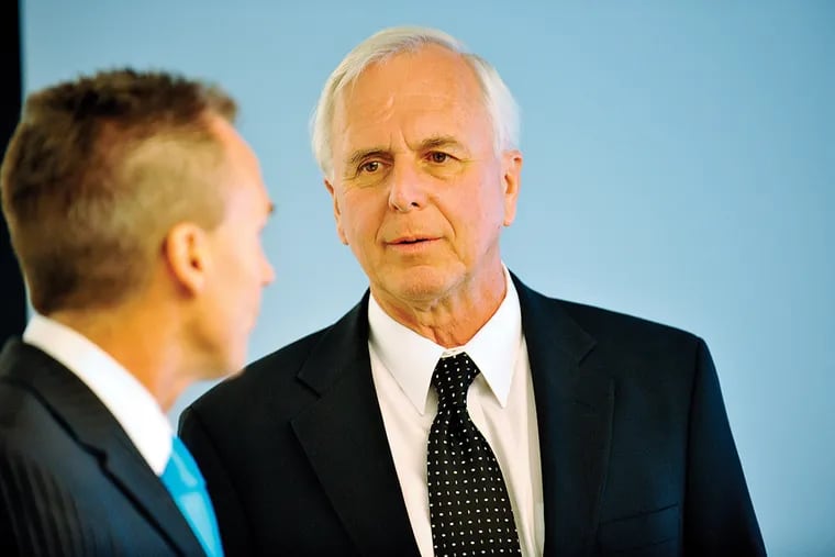 File, 2010.  Pa. Sen. Stewart Greenleaf, (right), seen speaking with Pa. Sen. Michael Stack.