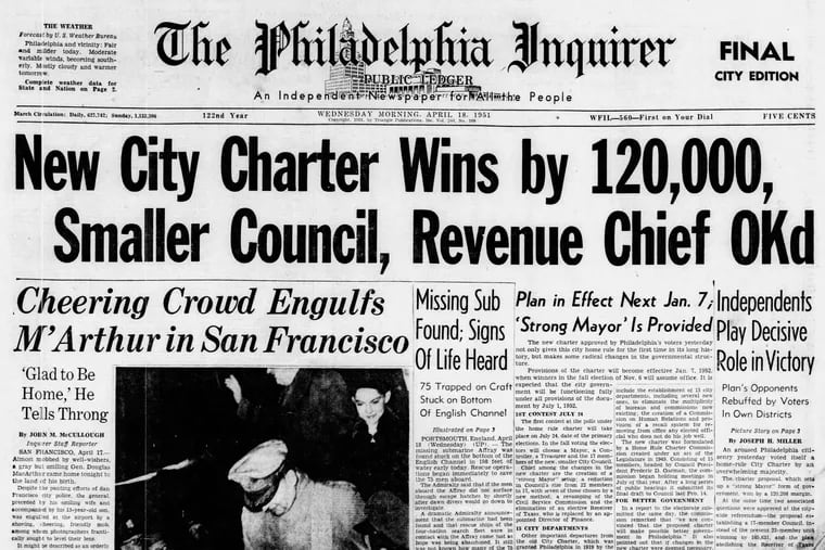 Philadelphia Inquirer front page, April 18, 1951.