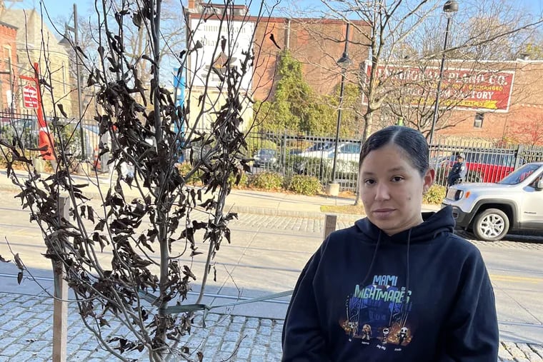 Jackie Martinez poses next to a tree planted in honor of her sister Elizabeth Negron, who was killed on Germantown Avenue near Coulter Street by a hit-and-run driver in July.