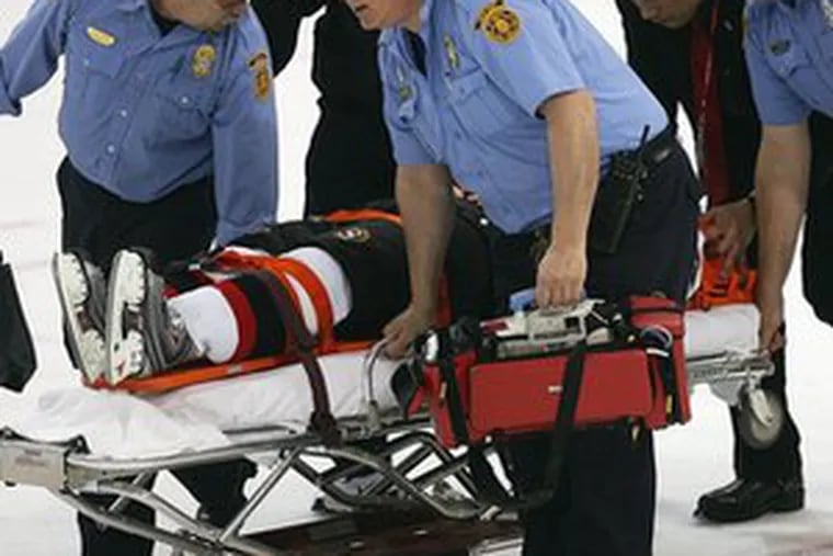 Ottawa&#0039;s Patrick Eaves is removed from the ice on a stretcher last Sunday after a hit by Pittsburgh&#0039;s Colby Armstrong that left the winger unconscious and with a concussion.