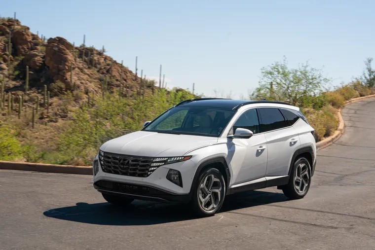 The 2024 Hyundai Tucson Hybrid keeps the Range Rover Evoque look it took on in 2022.