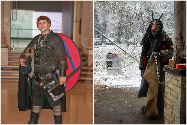 For most of the year Erik Weiss is "Erik the Everyday Viking," at left, but at Christmastime, he also portrays Krampus, at right.