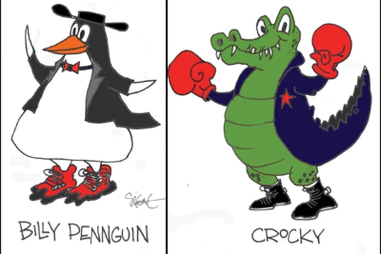 Billy Penguin and Crocky, as drawn by Daily News cartoonist Signe Wilkinson. Both are alternative ideas to the three options offered by the Sixers.