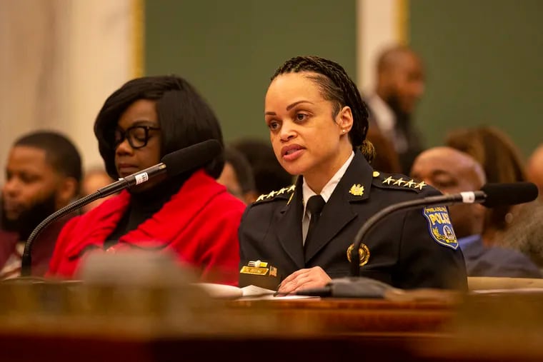 Philadelphia Police Commissioner Danielle Outlaw opens up the first panel for the City Council hearing on gun violence prevention on Thursday, Feb. 20, 2020. Multiple panels of law enforcement, professionals, families and victims of gun violence speak on the issues and stories they experienced.